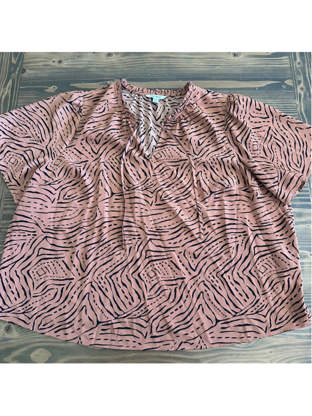 Nine West Animal Print Blouse 2X Peach Black Tie Neck Plus Size Top